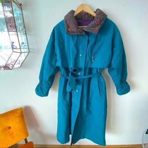 Vintage Long Trench Winter Jacket Teal and Purple with waist tie and zipper